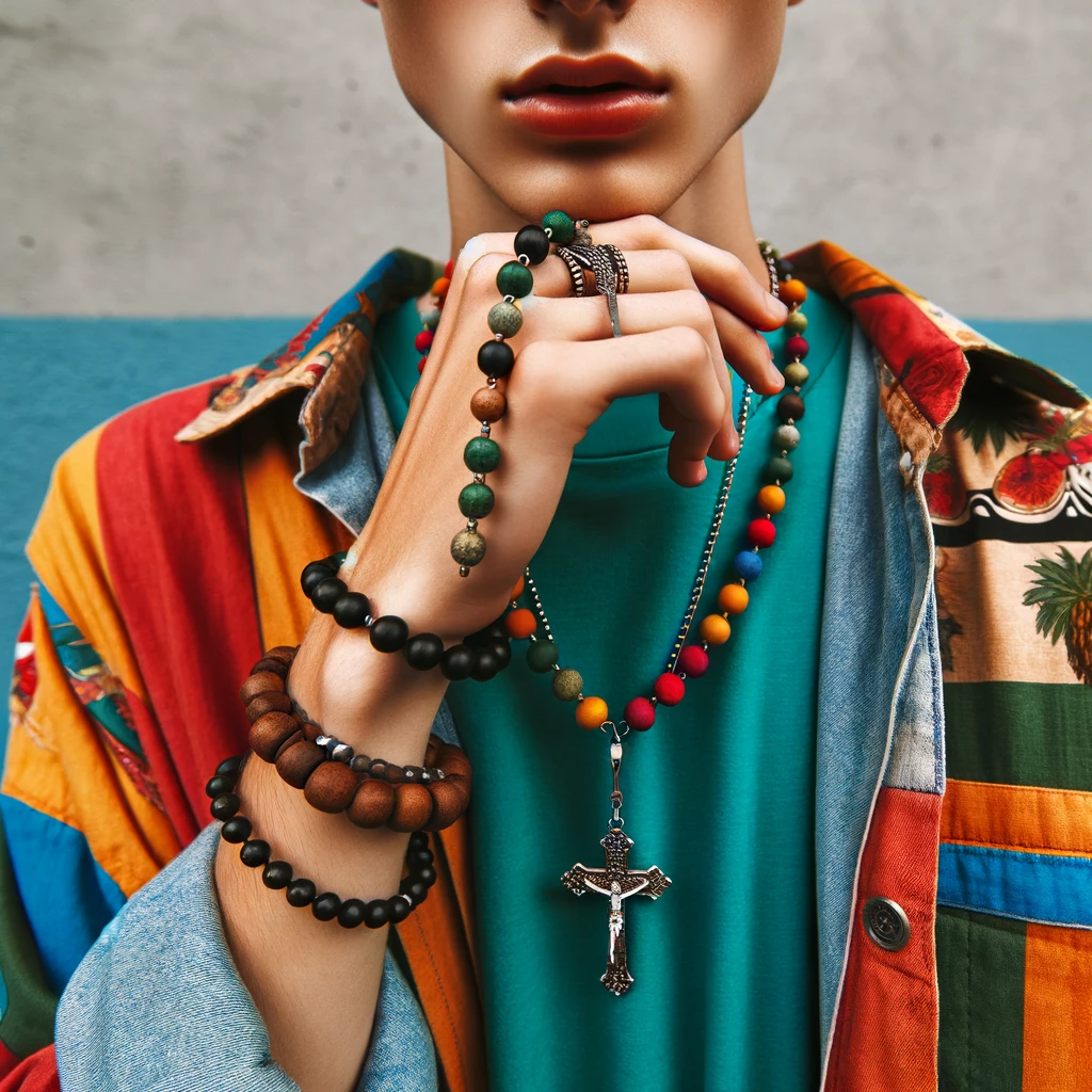 Fashion-forward individual wearing trendy attire with a rosary necklace, illustrating its modern fashion adaptation.