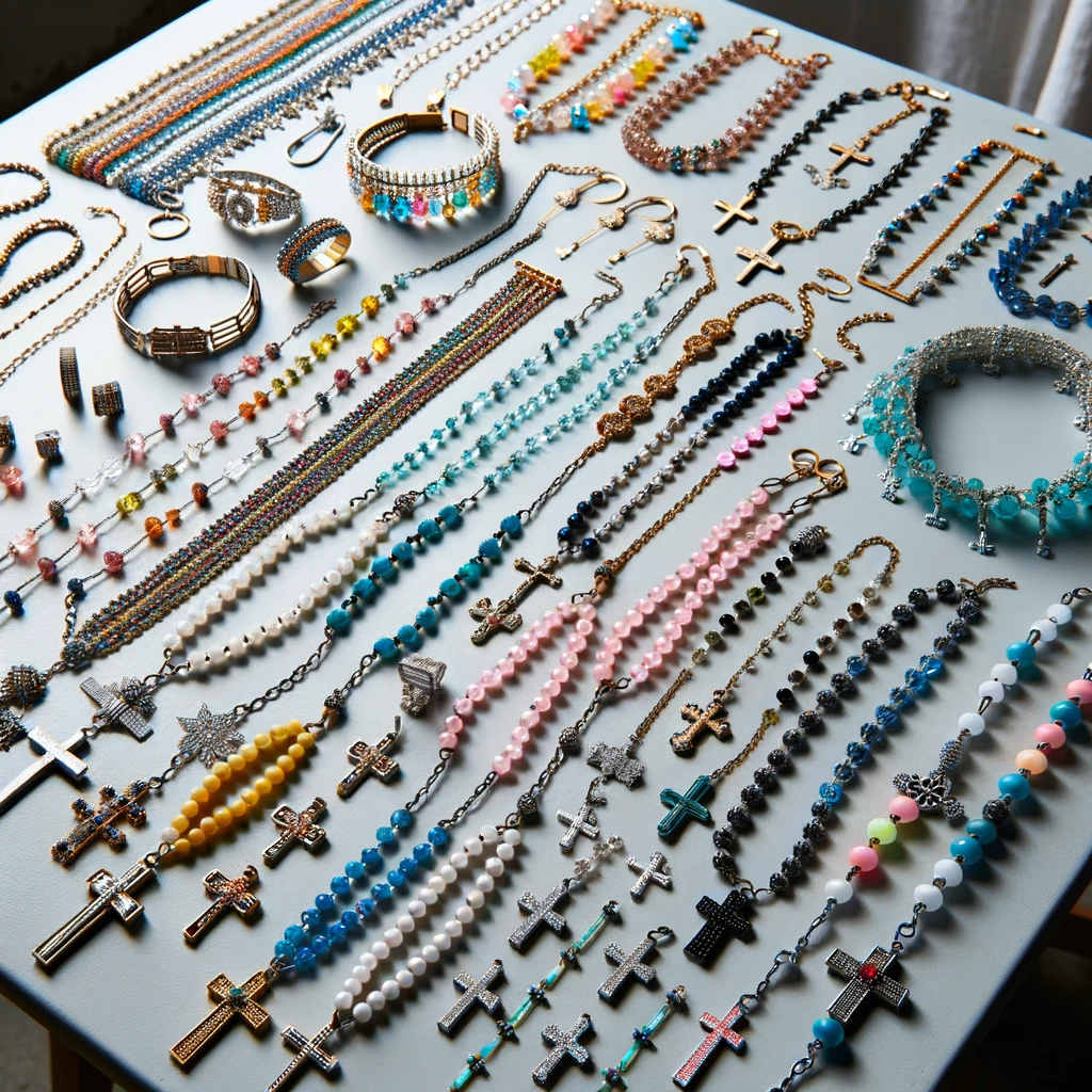 A collection of rosary-inspired jewelry, featuring diverse styles and colors, laid out on a table.