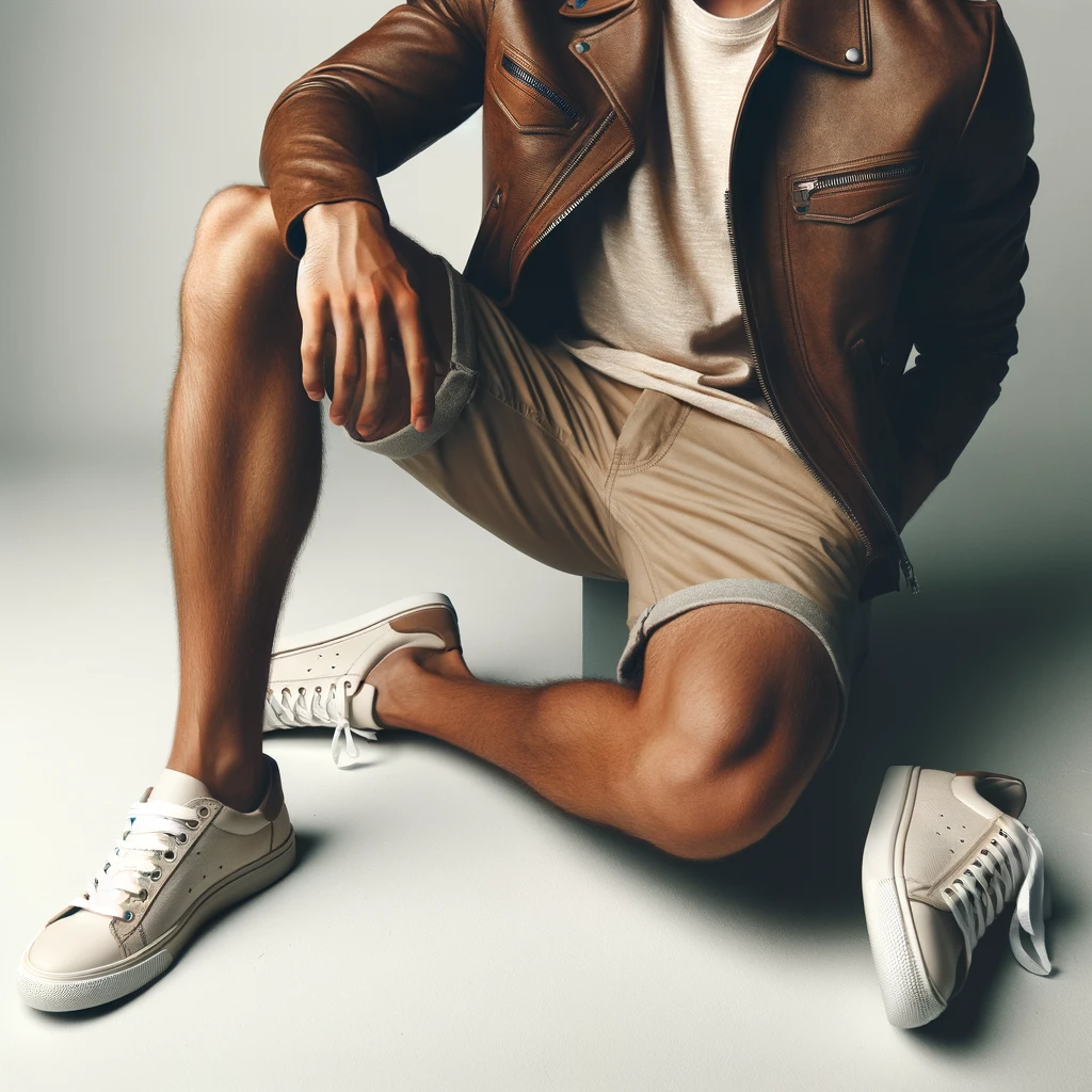 Relaxed summer fashion featuring a man in a leather jacket, cotton t-shirt, shorts, and white sneakers.