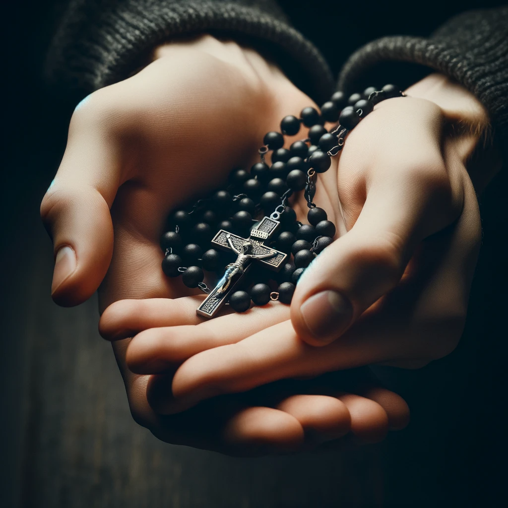 Traditional black-beaded Catholic rosary held in praying hands, symbolizing its religious significance.