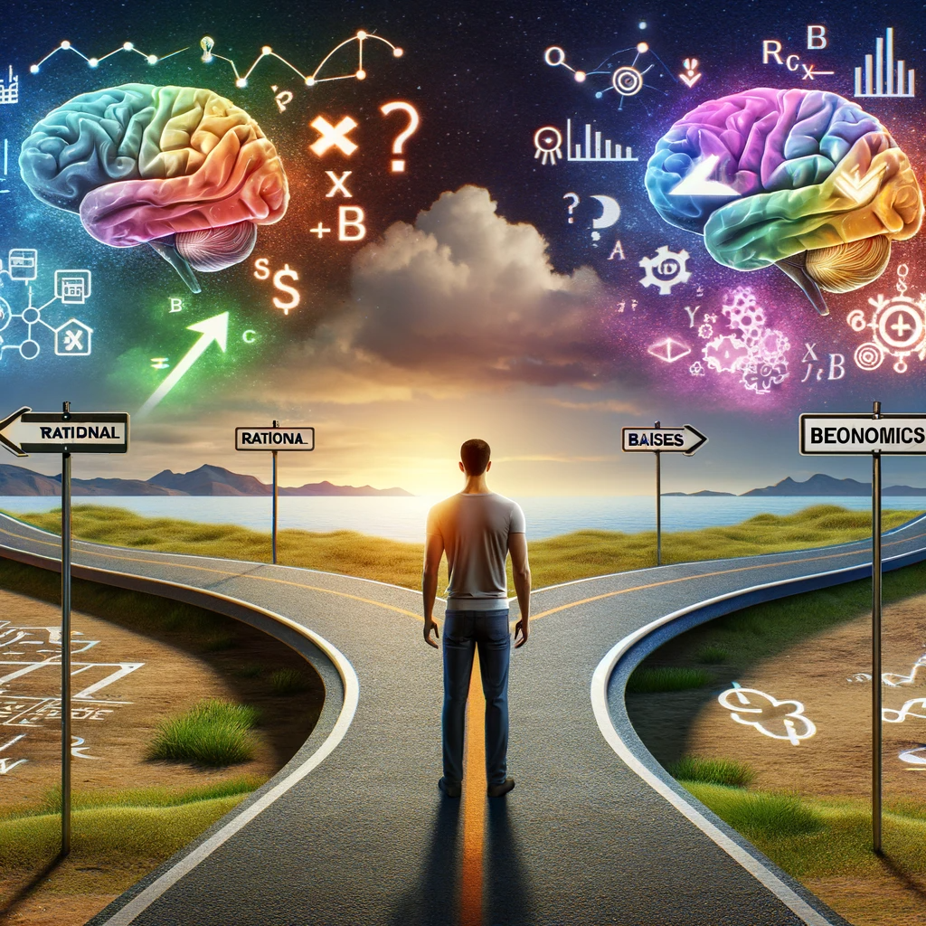 Illustration of a person at a crossroads, with one path representing traditional economics and the other behavioral economics, marked by emotions and biases, symbolizing the choice between rational economics and psychology-infused economic decision-making