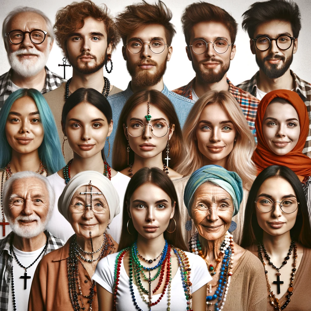 Rosary Beads: From Religious Relic to Fashion Statement? 5 Diverse individuals wearing various styles of rosary bead jewelry, symbolizing its universal fashion and spiritual appeal.