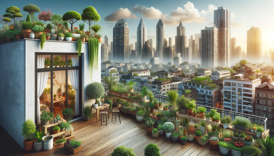 Panoramic urban landscape showcasing diverse urban gardening styles, including a balcony garden in the foreground, a lush rooftop garden, and windowsills with greenery against a cityscape backdrop