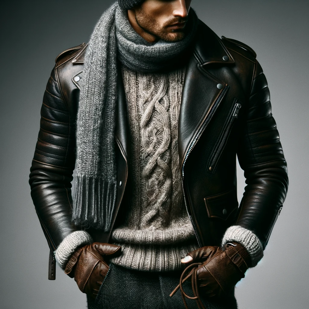 Winter fashion with a man in a leather jacket, thick sweater, beanie, gloves, and scarf, ideal for cold weather.