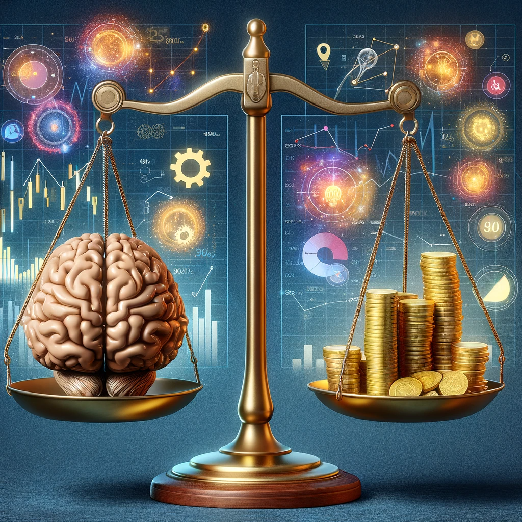  illustration of a balance scale, with one side holding a human brain representing psychological, social, and emotional factors