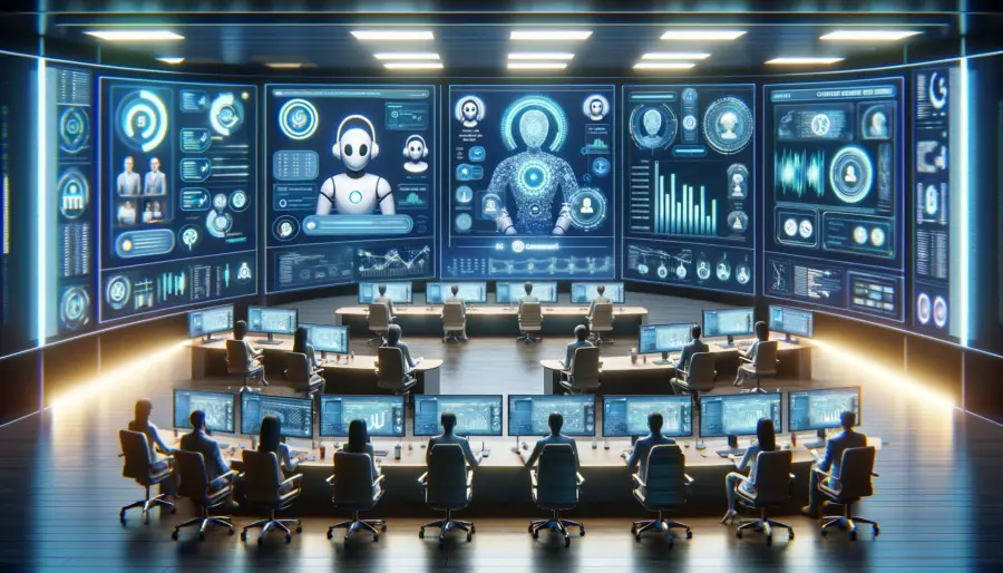 How The Artificial Intelligence is Changing the Shopping Experience 5 High-tech customer service hub with AI virtual assistants and chatbots, showing real-time support and analytics on customer satisfaction.