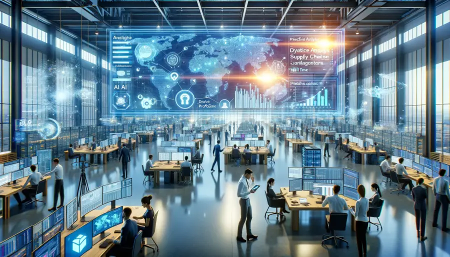How The Artificial Intelligence is Changing the Shopping Experience 3 Modern supply chain management center with AI analytics, showing employees analyzing dynamic data across global networks, highlighting efficiency and innovation.