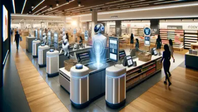 Modern retail checkout zone with autonomous AI-powered scanners and payment systems, showcasing a seamless shopping experience with no human assistance.