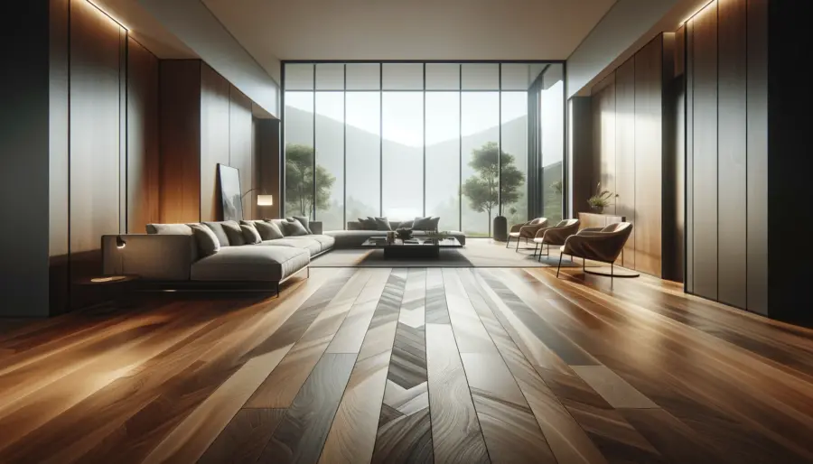 Luxurious living room with modern wood flooring, showcasing rich, warm tones and minimalist contemporary furniture illuminated by natural light from floor-to-ceiling windows.