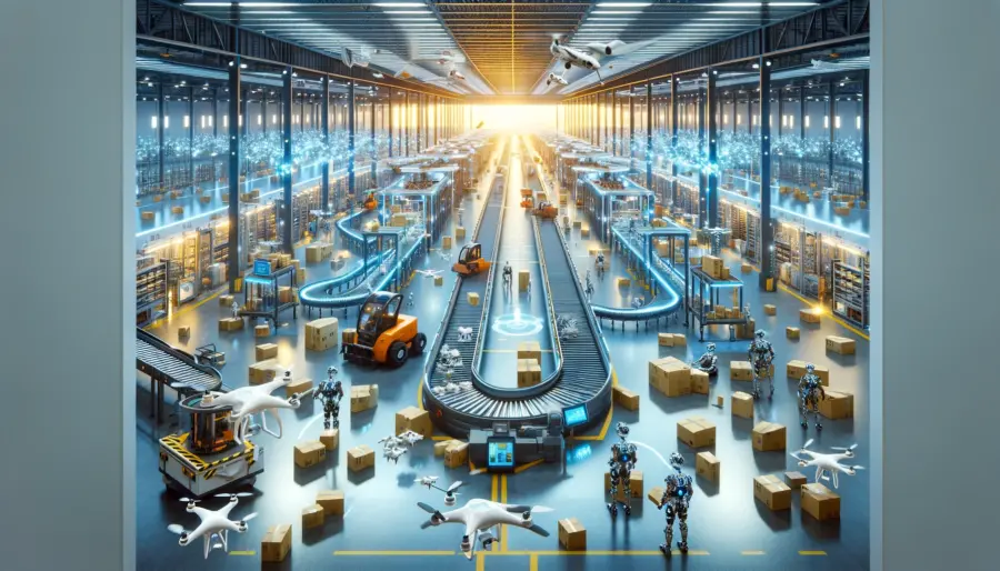Efficient AI-driven logistics center with drones and robots sorting and delivering packages, showcasing advanced automation and robotics technology.