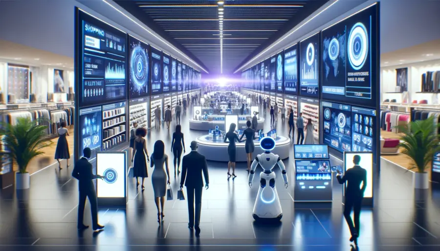 Advanced futuristic retail store with AI-powered interactive displays and robots assisting diverse shoppers, highlighting personalized shopping technology.