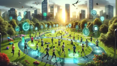 Active individuals in a city park wearing diverse smart clothing and accessories, like glowing shirts, socks, and wristbands, syncing health data with their devices amidst a vibrant, urban setting.