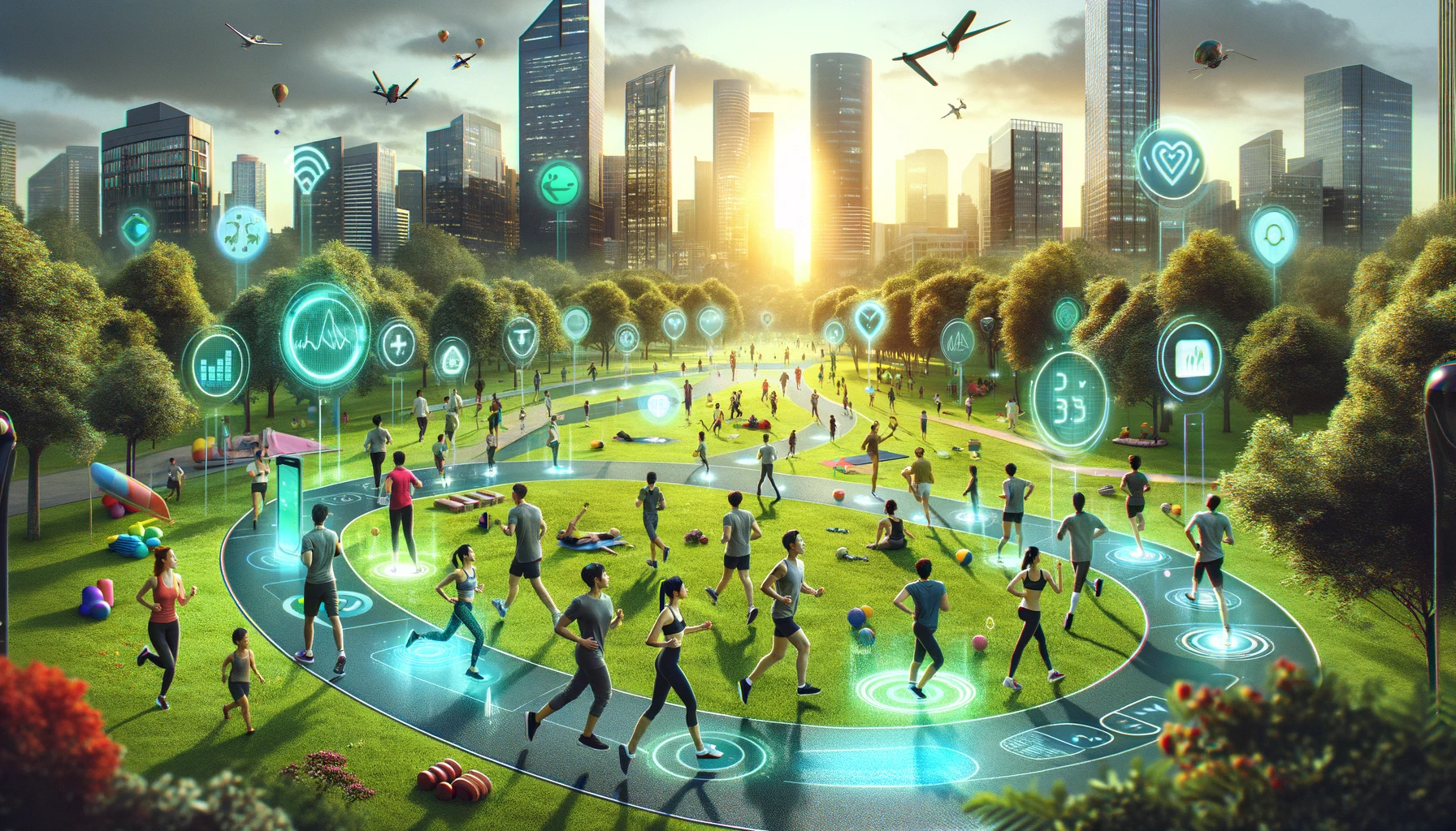 Active individuals in a city park wearing diverse smart clothing and accessories, like glowing shirts, socks, and wristbands, syncing health data with their devices amidst a vibrant, urban setting.