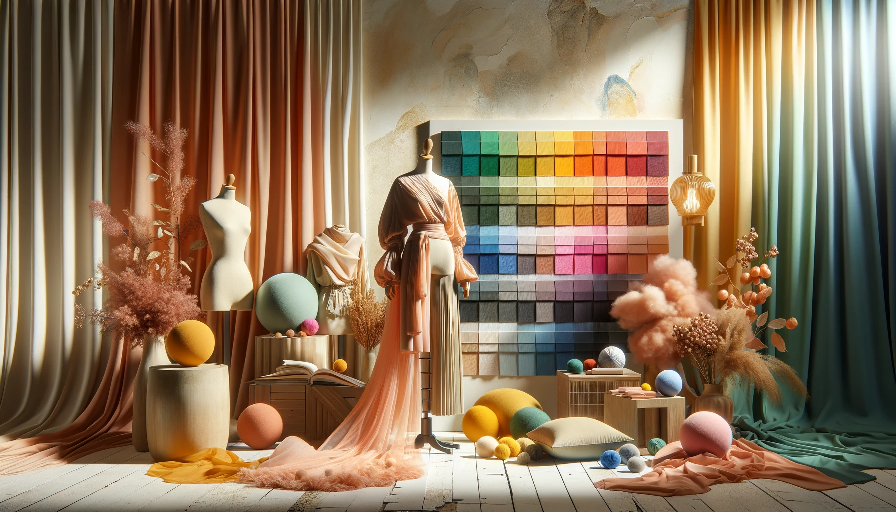 Women's dresses: the 2024 trends in women's fashion 4 Artistic display of 2024's fashion color palette with fabrics in Peach Fuzz, vivid colors, and pastels draped over forms.