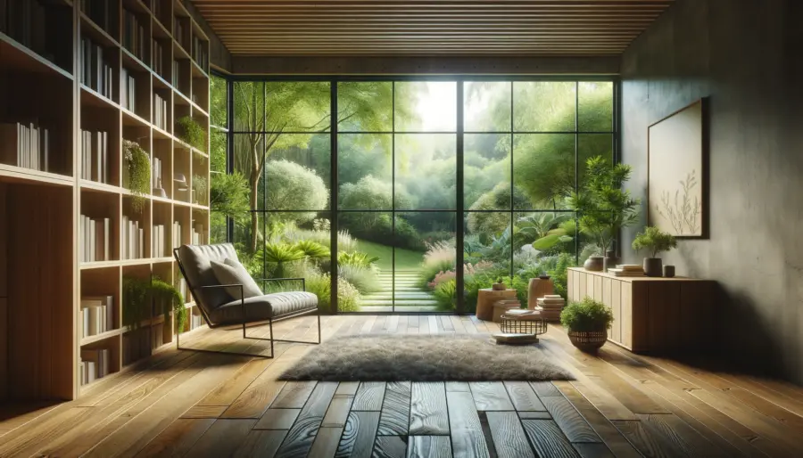 Cozy reading nook with sustainable bamboo wood flooring, featuring a comfortable chair, bookshelf, and natural fiber rug, overlooking a lush garden through large windows.