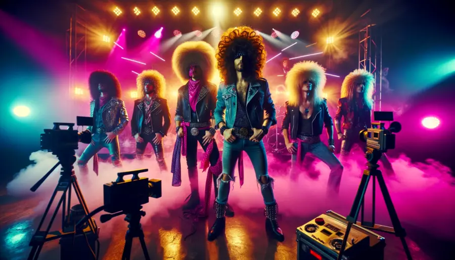 Group of musicians on a neon-lit 1980s music video set, showcasing exaggerated glam metal hairstyles, surrounded by vintage cameras and stage effects.