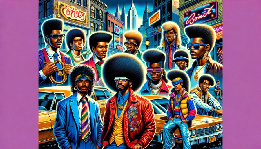 1980s street scene showcasing men with Jheri curl, big voluminous hair, and flattop hairstyles, set against a backdrop of urban architecture, graffiti, and neon lights.