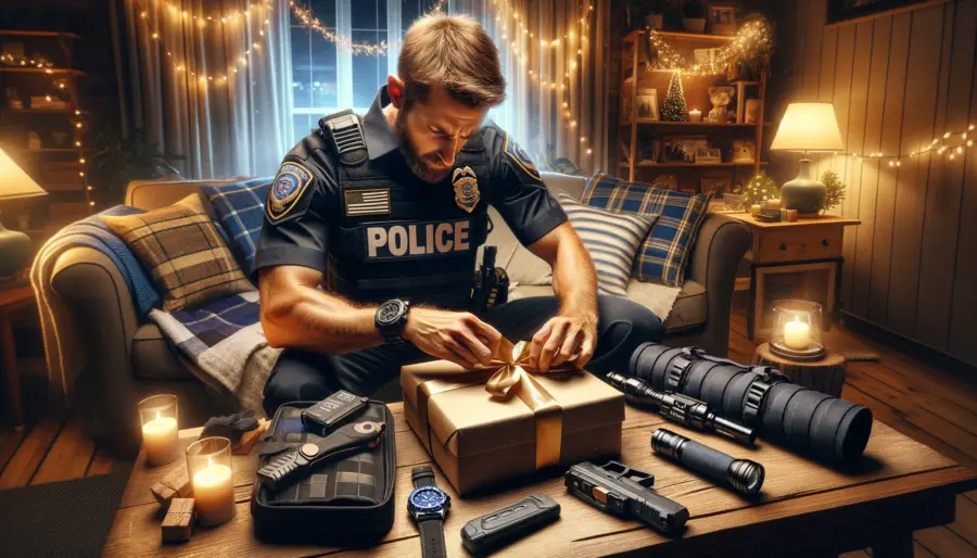 A police officer in casual attire unwraps a gift in a cozy home setting, surrounded by thoughtful gifts like high-quality duty gear, a durable watch, a tactical flashlight, and a multi-tool. The room's warmth is highlighted by soft lighting and law enforcement-themed decorations in blue and gold, creating an atmosphere of heartfelt gratitude and celebration for the officer's dedication and service.