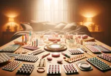 A variety of birth control options including contraceptive injections, pills, IUDs, and rings laid out on a table under warm lighting in a cozy setting, highlighting the diversity of contraception methods.