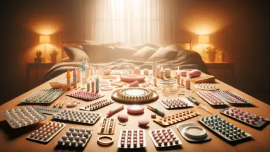 A variety of birth control options including contraceptive injections, pills, IUDs, and rings laid out on a table under warm lighting in a cozy setting, highlighting the diversity of contraception methods.