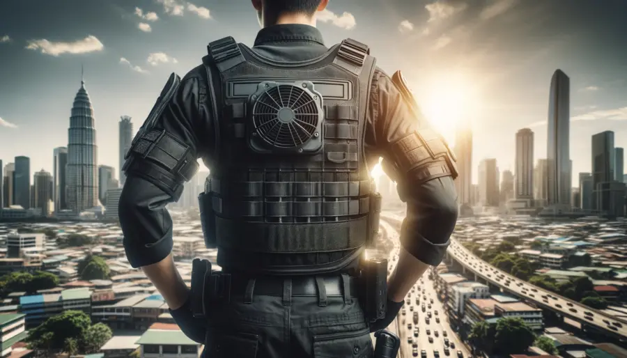 16 Best Gift Ideas for Police Officers | Unique Picks of 2024 6 Police officer donning a body armor cooling vest in a bustling cityscape, highlighting the importance of regulating body temperature for comfort and safety.