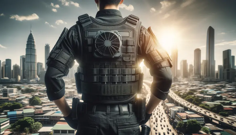 Police officer donning a body armor cooling vest in a bustling cityscape, highlighting the importance of regulating body temperature for comfort and safety.