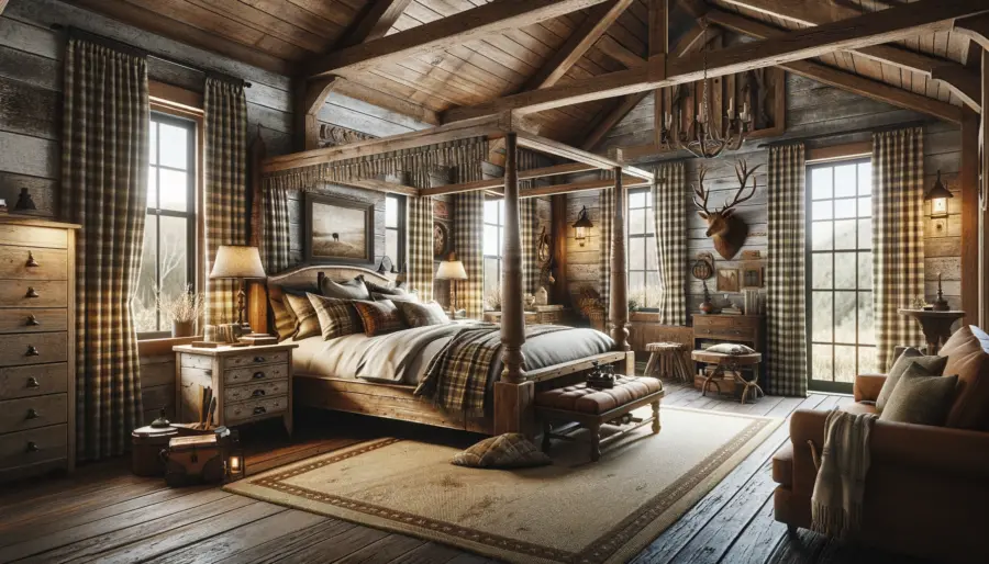 Cozy cabin-style rustic bedroom with rough-hewn wood, stone materials, vaulted ceilings, and a four-poster bed