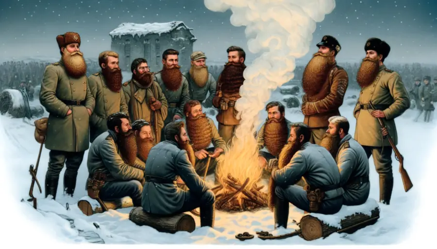 British soldiers with bushy beards gather around a campfire in a snowy Crimean landscape, showcasing the warmth and unity beards brought during the harsh winter of the Crimean War.
