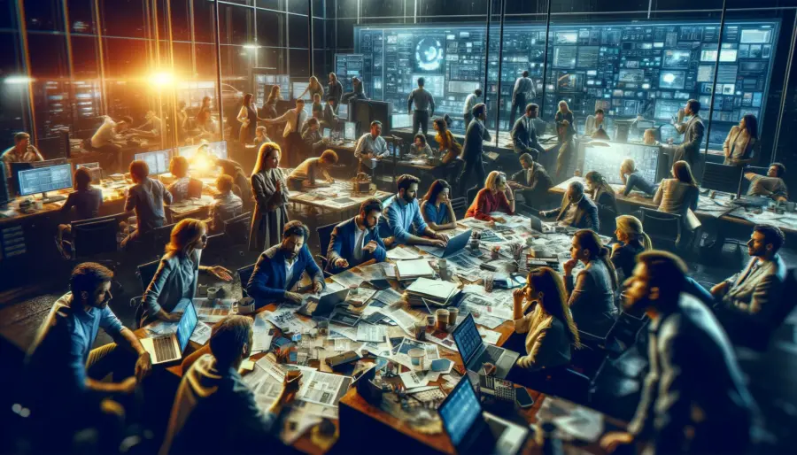 De-Escalation in High-Stress Environments: Strategies for Quick and Effective Resolution 2 A diverse team collaboratively addresses a challenge in a deadline-driven environment, illustrating unified determination and creative problem-solving.
