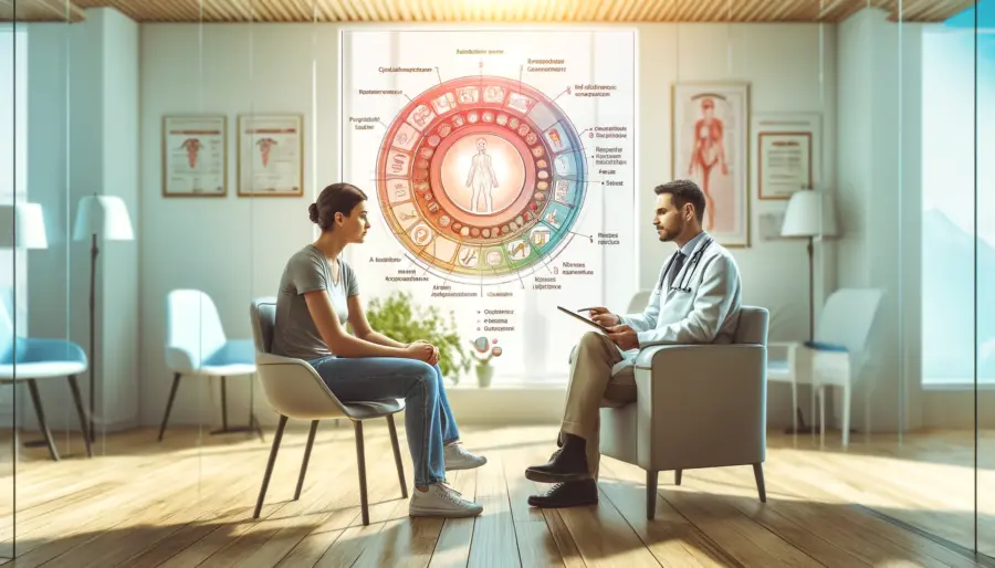 A healthcare professional and a patient discuss contraceptive methods using a tablet displaying colorful charts, in a bright and modern consultation room, symbolizing informed healthcare decisions to avoid the Contraceptive Injection Brain Tumour risks