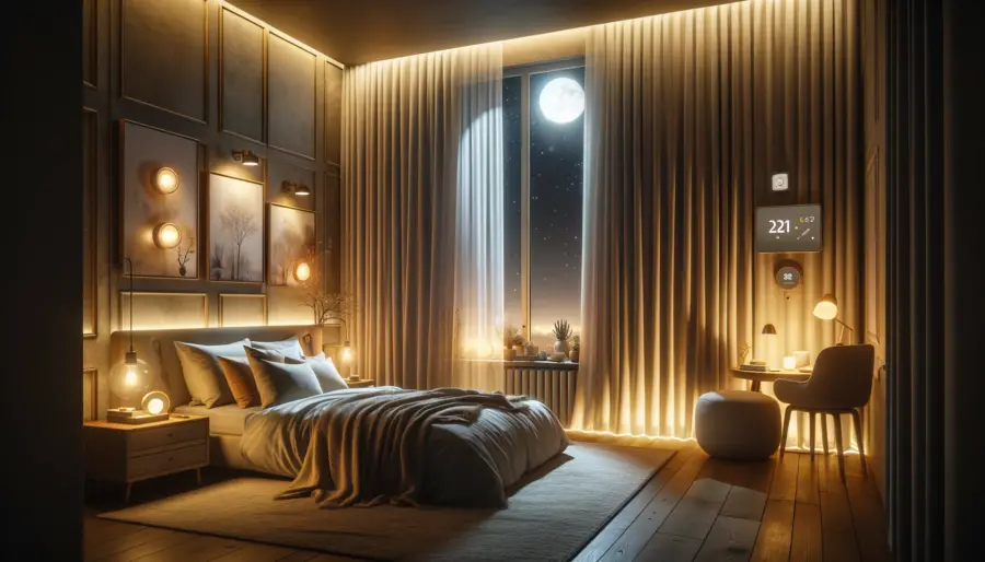 10 Hottest Curtain Trends for a Stylish 2024 Home Makeover 3 Cozy bedroom at night with energy-efficient smart curtains filtering moonlight, creating a tranquil atmosphere.