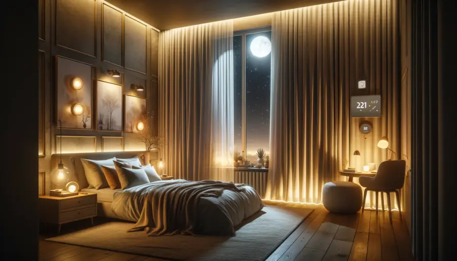 Cozy bedroom at night with energy-efficient smart curtains filtering moonlight, creating a tranquil atmosphere.