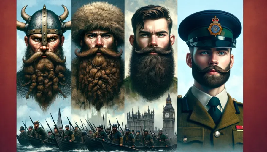 comparison of military beards across ages: a Viking warrior, a Victorian soldier, and a modern British soldier, each showcasing different cultural and symbolic significances of beards in the military.