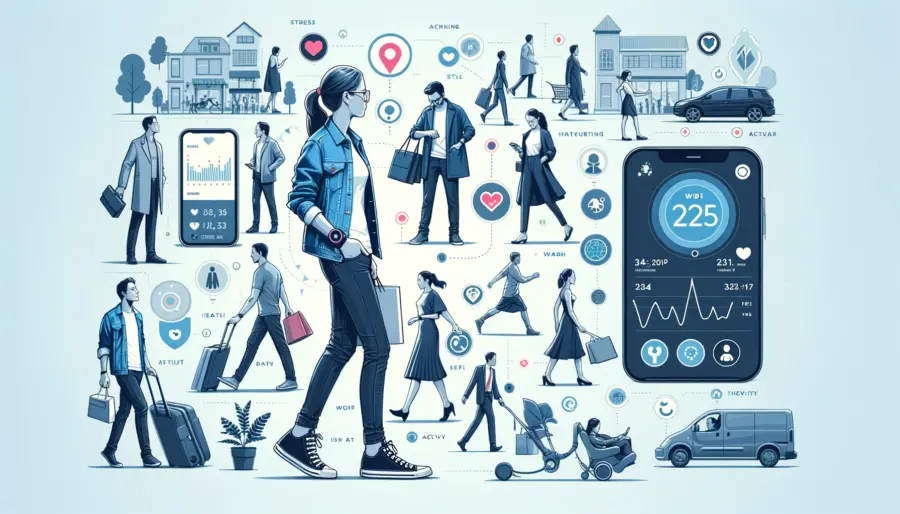 Individuals in daily scenarios like commuting and shopping, wearing smart casual wear monitoring health metrics, illustrating seamless health management integration