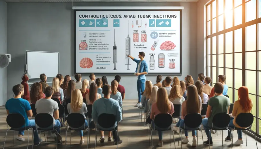 An educational seminar with a diverse audience actively engaged in learning about contraceptive options, with a healthcare professional presenting information on the safety and side effects of contraceptive injections.