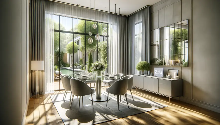 Elegant dining area with light-filtering smart curtains open to a lush garden, in a natural light-filled setting.