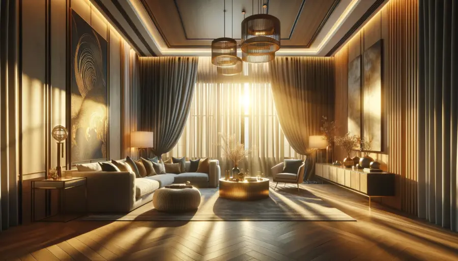 2024 Room-Specific Curtains to Enhance Your Home's Style & Functionality 2 Modern living room during golden hour with sunlight filtering through vibrant, custom-designed curtains, showcasing a mix of contemporary patterns