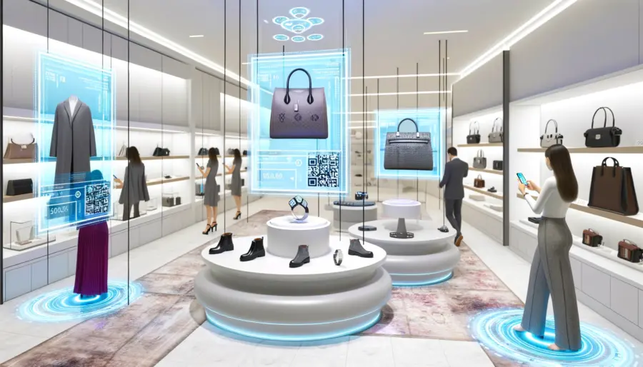 Consumers in a fashion store verifying product authenticity using blockchain, reflected in the scanning of QR codes on luxury items.