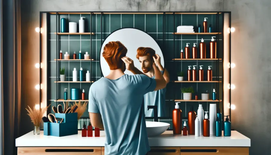 Top 10 Red Hair Men's Hairstyles Trends & Tips 4 A red-haired man applying leave-in conditioner in front of a mirror, surrounded by hair care products for red hair, highlighting essential grooming practices.