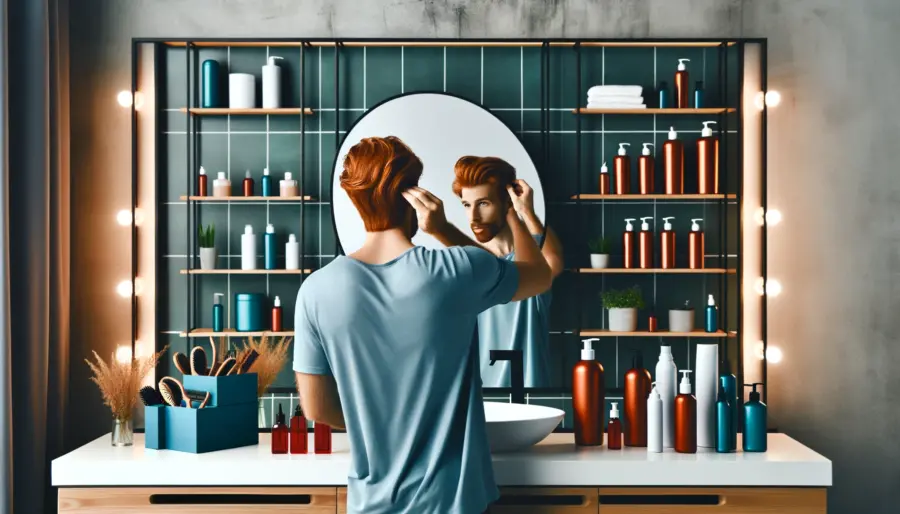 A red-haired man applying leave-in conditioner in front of a mirror, surrounded by hair care products for red hair, highlighting essential grooming practices.