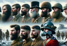 the evolution of British Army soldiers' facial hair from the 17th century to the modern day, featuring varying beard and moustache styles across historical battlefields.