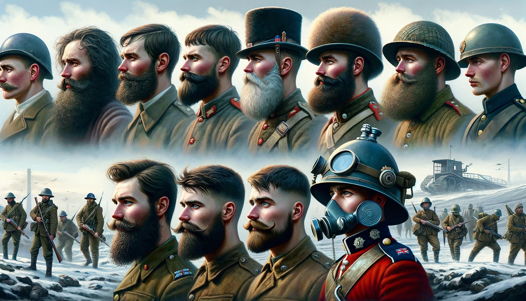 the evolution of British Army soldiers' facial hair from the 17th century to the modern day, featuring varying beard and moustache styles across historical battlefields.