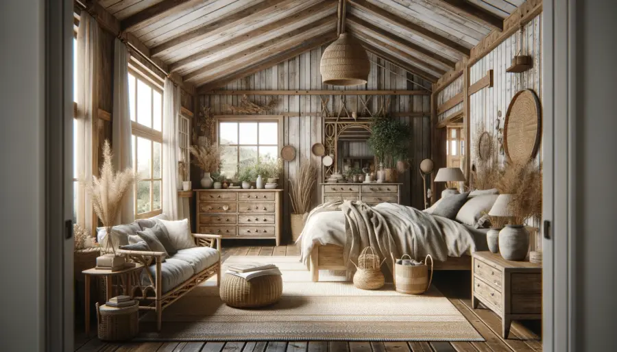 Charming farmhouse-style rustic bedroom with wood-paneled walls, rattan accents, and vintage pieces in a neutral palette