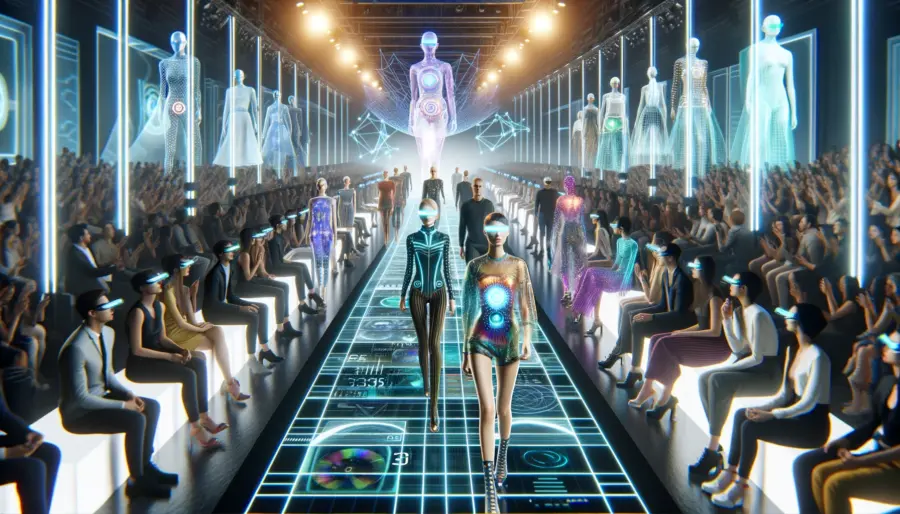 A futuristic fashion runway showcasing avant-garde smart clothing with transparent OLED screens and solar-powered fabrics, highlighting innovation and personal expression.
