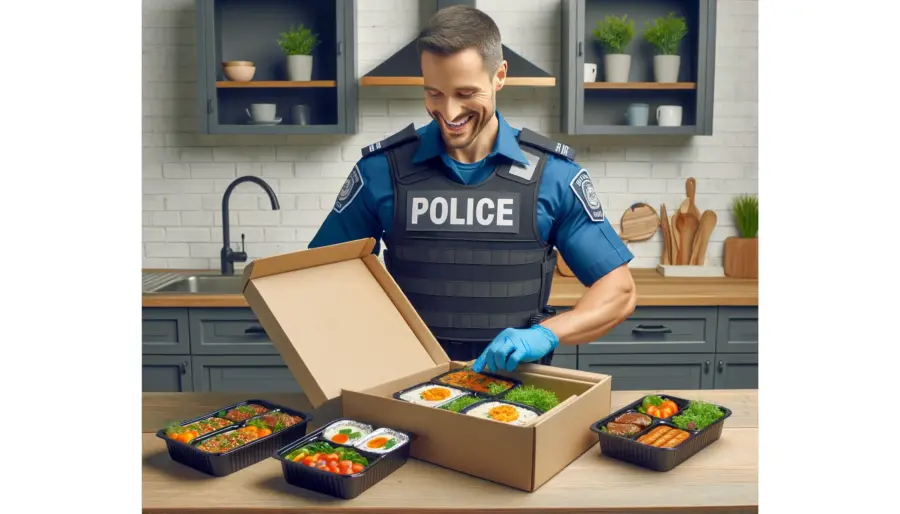 A police officer unpacking a box of nutritious meals from a healthy meal delivery service in a modern kitchen