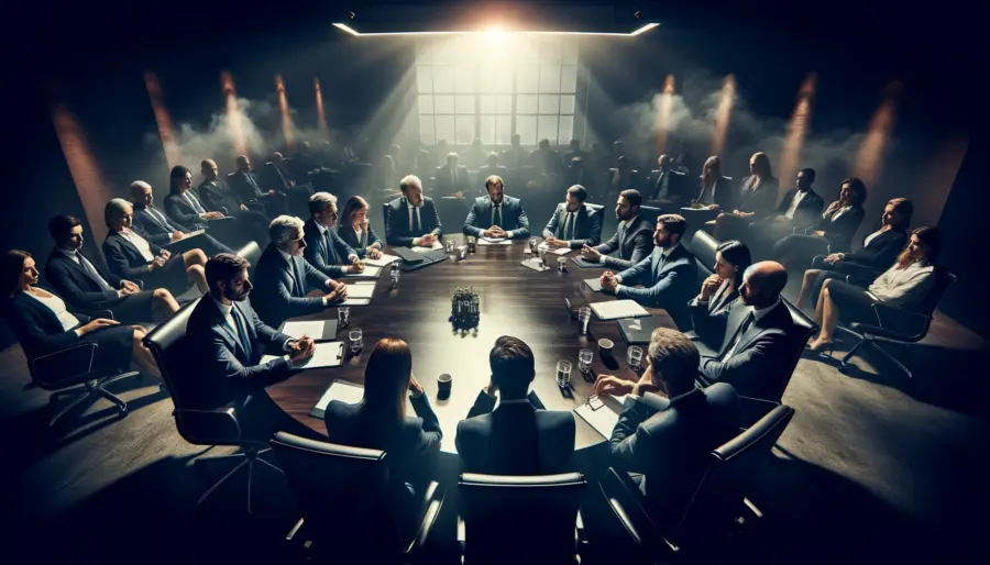 De-Escalation in High-Stress Environments: Strategies for Quick and Effective Resolution 4 Diverse professionals engaged in a critical discussion around a round table in a dimly lit negotiation room, embodying the essence of strategic communication under pressure.