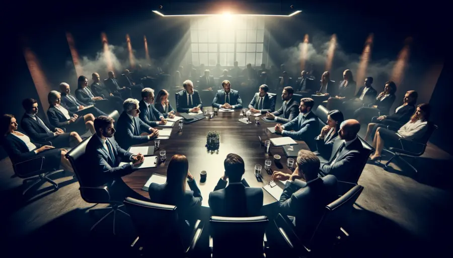 Diverse professionals engaged in a critical discussion around a round table in a dimly lit negotiation room, embodying the essence of strategic communication under pressure.