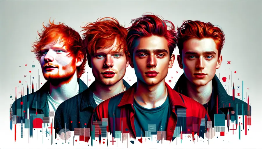 Artistic renditions of Ed Sheeran, Alfie Allen, and Domhnall Gleeson emphasizing their iconic red hairstyles and influence on men's hair trends.
