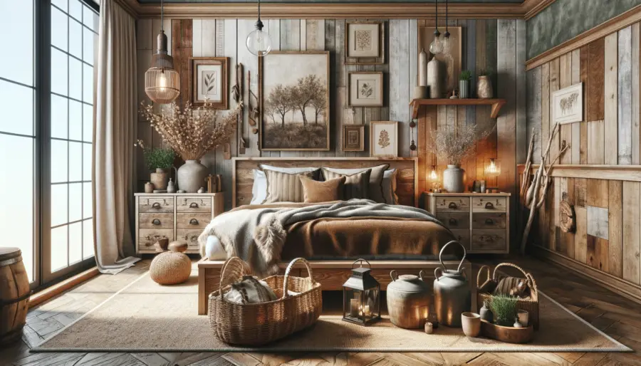 Bedroom with rustic decor, reclaimed wood furniture, and an earthy color scheme, enriched with natural textures and vintage lighting.