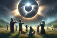family, adorned with solar eclipse glasses, gazes upward in a grassy field at the mesmerizing scene of a total solar eclipse. The landscape, dotted with trees and a picnic setup, bathes in the surreal, indirect light of the eclipse, creating a magical moment where day mimics night.